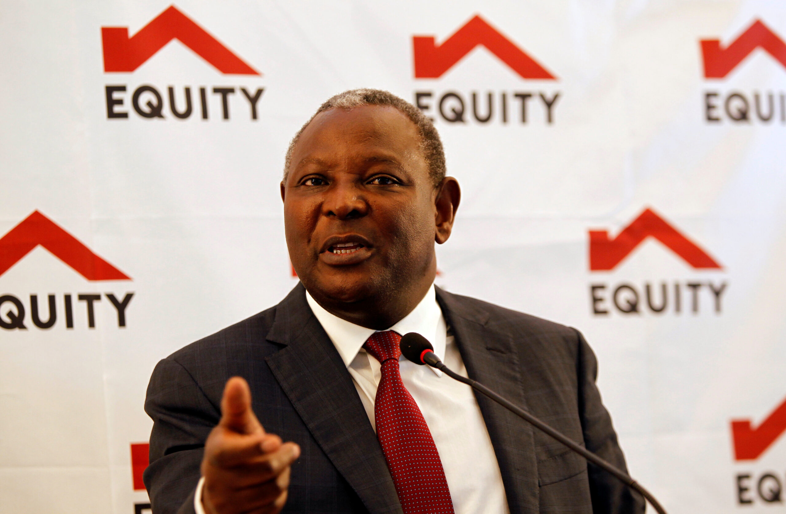 Equity Bank's Chief Executive Officer James Mwangi addresses investors at the Equity Bank headquarters in the Upper Hill district of Nairobi